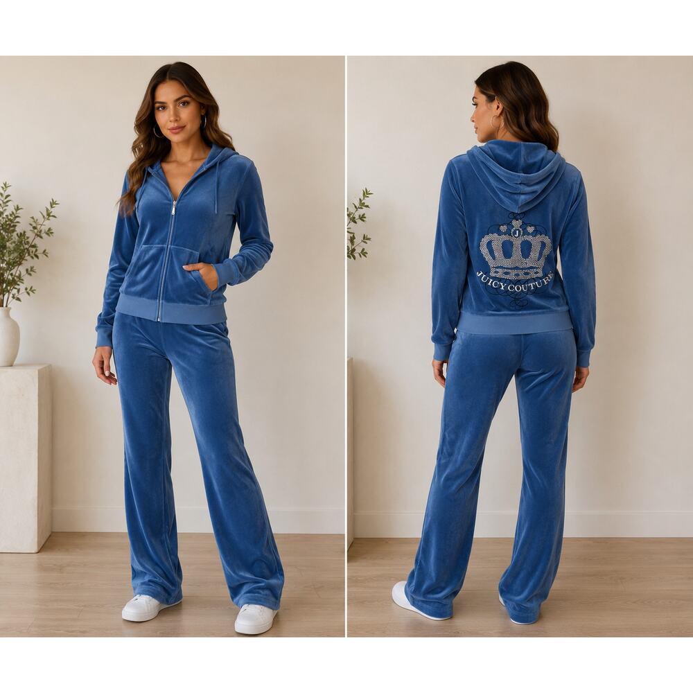 Vintage Y2K Juicy Couture Velour Hoodie Tracksuit Blue Rhinestone Crown M NICE!